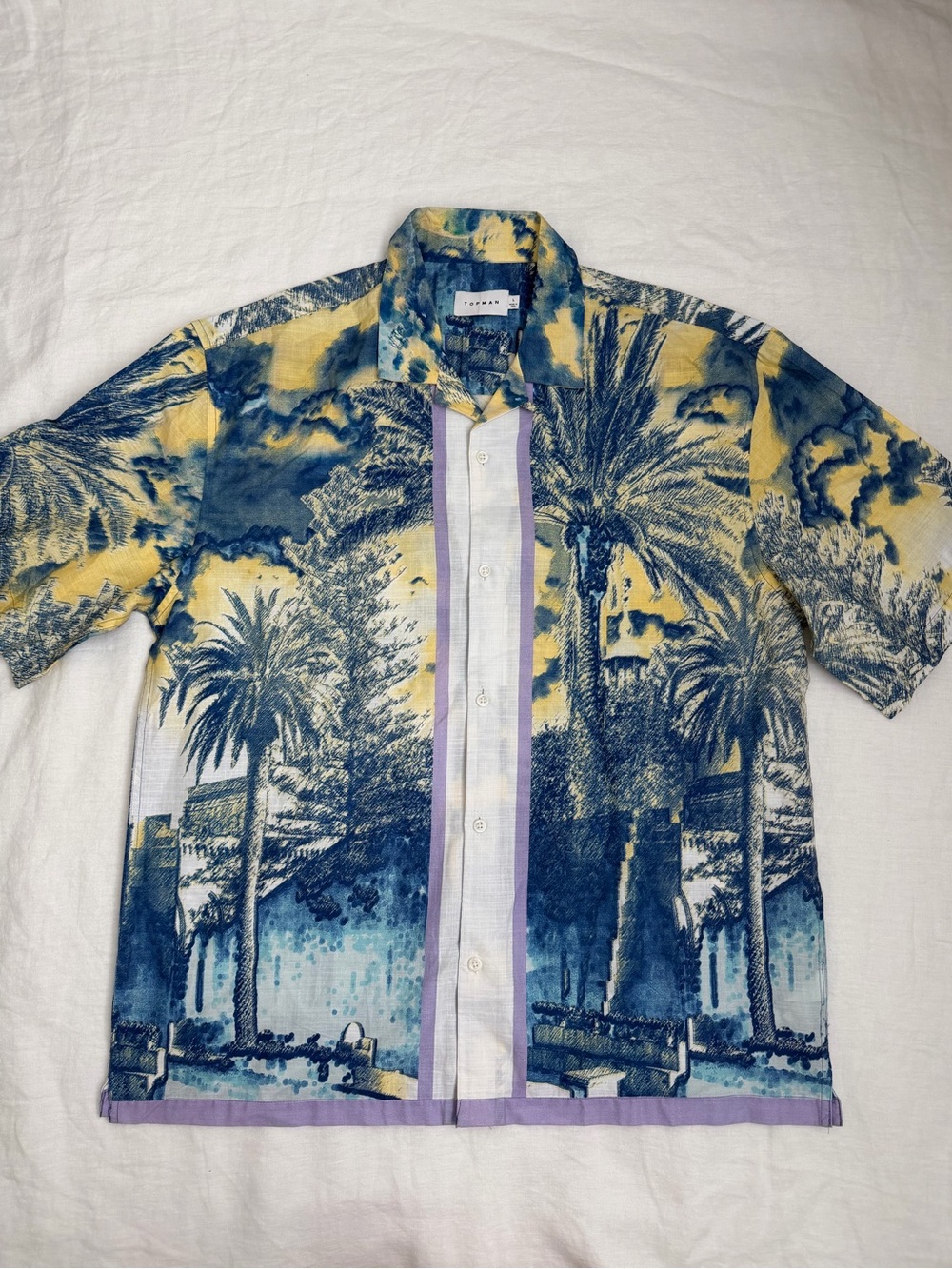 Topman Blue Yellow Palm Tree Print Short Sleeve Button-Down Shirt